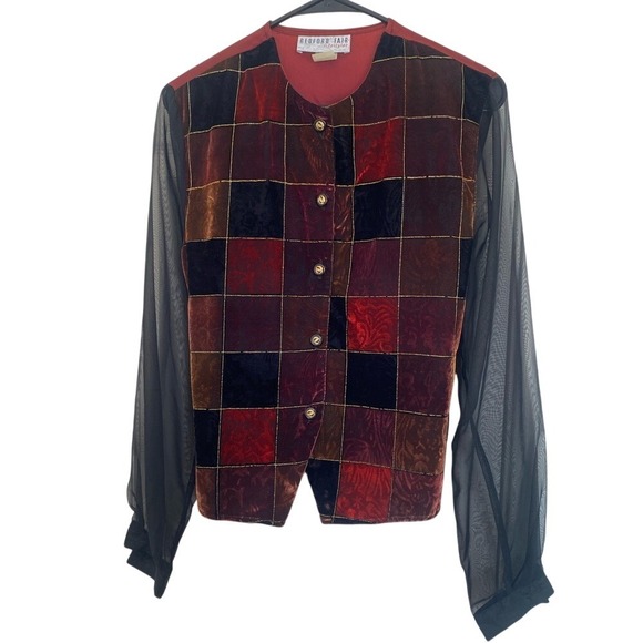 BEDFORD FAIR WOMENS‎ VINTAGE VELVET PATCHWORK BLOUSE TIE BACK SHEER SLEEVE SZ 10 - Picture 1 of 8